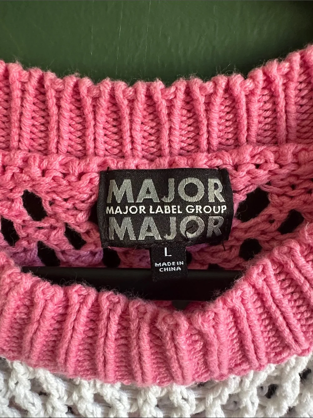 Major Label Group  Pink & White Open-Weave Stripe Crewneck Sweater Size L
